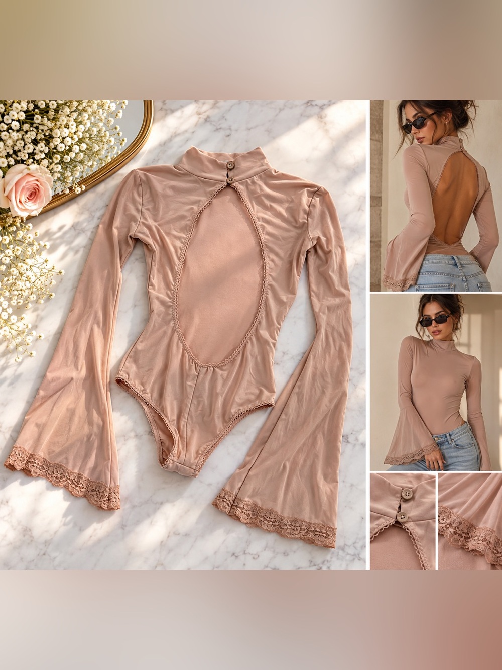 We Are HAH Womens Long Sleeve Top Blush Bodysuit Open Back Sz XS $128 VALUE!